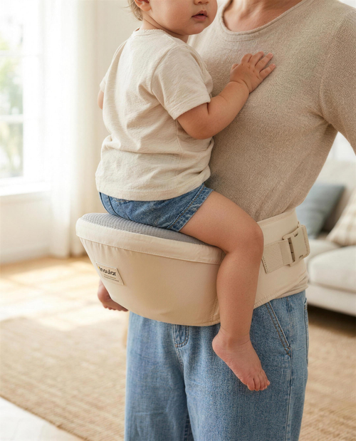 Asiento de cadera puesto en la cintura con el bebé sentado encima